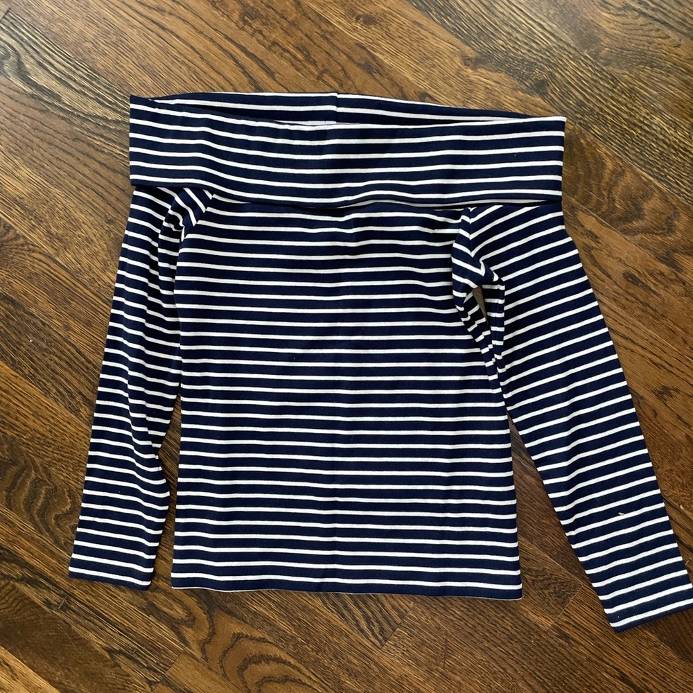 J. Crew Navy and White Striped Off-Shoulder Blouse